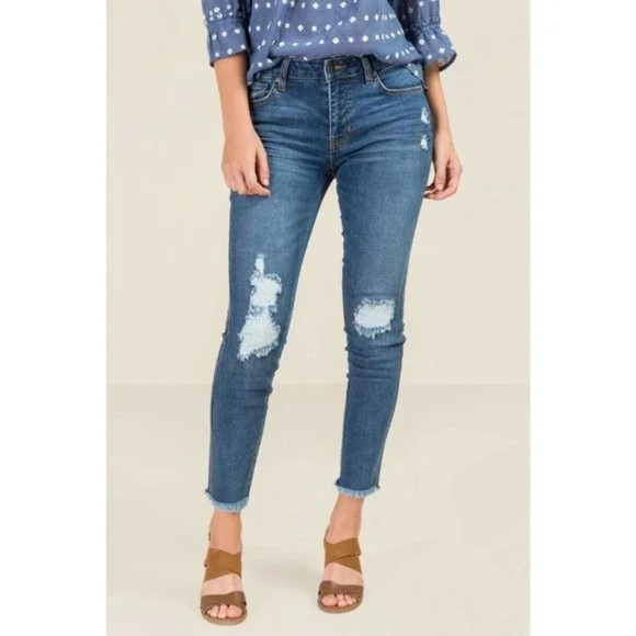 Harper Heritage Mid Rise Destructed Skinny Jeans Raw Hem Size 28 Medium Wash - Picture 2 of 14